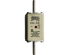Siba NH1/0-sikring med gG-karakteristik, 160 A og 500 V, set forfra med mærkning og metaltilslutninger.
