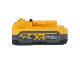 DeWalt 18V XR POWERSTACK™ batteri med 3,5 Ah kapacitet, vist fra siden på hvid baggrund.