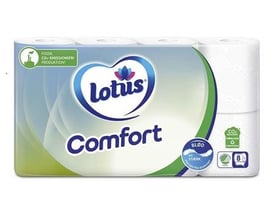Lotus Comfort toiletpapir i 3 lag, 18,5 meter per rulle, 56 ruller i pakken. Emballagen viser CO2-neutral produktion og dermatologisk test.