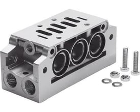 Festo vinkeltilslutningsplade NAVW-1/4-1-ISO, en manifold sub-base med 90° tilslutninger og portmønster iht. DIN ISO 5599/1. Leveres med skruer og møtrikker.