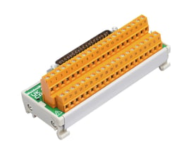 Weidmüllers 37-polede interfacemodul med D-sub-stik og orange, nummererede terminaler på en hvid base.