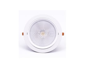 V-Tac 30W LED spotlight med en hvid ramme og en reflekterende lyskilde, set forfra på hvid baggrund.