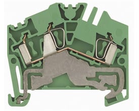 Detaljeret snit af Weidmüller ZPE 2.5-2 gennemgangsklemme, der viser fjedermekanismen og metalforbindelserne.