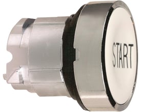 Schneider Electric plan trykknap i hvid med 'START' mærkning, 22mm diameter, med krom frontring og bagmonteret krop.
