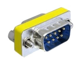 DeLock D-Sub 9 pin gender changer, male til male i sølv metal med gul kant, konverterer en hun-port til han-port.