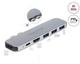 DeLock Docking Station til MacBook med Dual HDMI 4K, PD, USB-C og tre USB-A porte i grå aluminium.