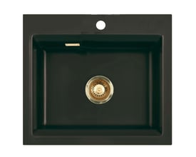 Oversigtsbillede af sort keramik køkkenvasken Kara 57 med synligt messing afløb og hanehul.