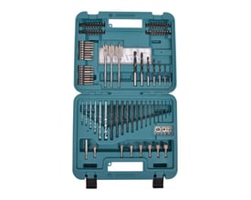 Makita bor-/bitsæt med 100 dele i en åben, turkis kuffert, der viser et bredt udvalg af bor og bits organiseret.