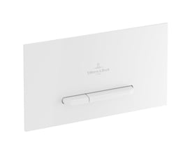 Hvid Villeroy & Boch Viconnect E300-betjeningsplade med to aflange trykknapper, set skråt forfra.