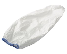 Hvidt Tyvek 500 PS32 ærmeovertræk på 50 cm, vist udstrakt med blå elastikkant.