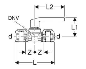 Teknisk diagram for Geberit Flowfit kugleventil med dimensioner L1, L2, L, Z og d angivet, samt DN mål 32.