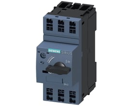Siemens Sirius 3RV2 S00 motorværn med indstillingsområde på 10-16A og 3 faser, vist på hvid baggrund med 'ON' og 'TRIPPED' markeringer.