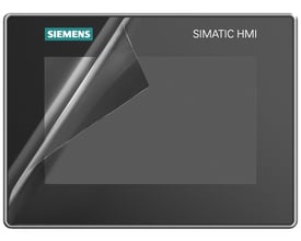 Siemens mat beskyttelsesfilm til 15-tommers skærm, vist delvist løftet fra en SIMATIC HMI-front.