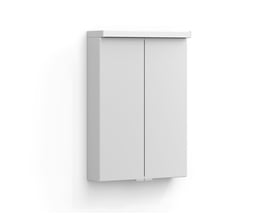 Svedbergs Intro spejlskab i mathvid med to lukkede spejllåger og LED-belysning øverst, set skråt forfra.