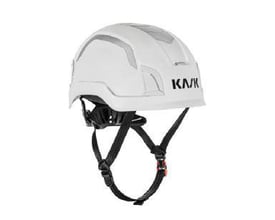 Hvid Kask Zenith X Max sikkerhedshjelm i HI-VIZ-design med sort hagerem og justerbare stropper til hovedstørrelser på 60–66 cm.
