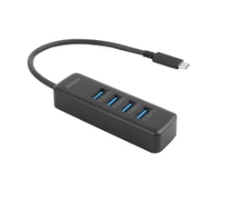 Ovenfra-ned visning af en Deltaco USB-C hub med 4x USB-A porte, alle markeret med '5 Gbit/s', og en USB-C stik.