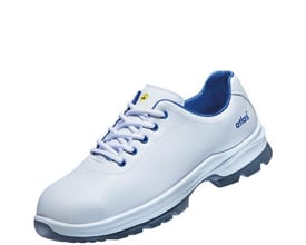 Atlas sikkerhedssko CL 20 2.0 ESD i str. 38, med hvidt CLEANLINE overmateriale og blå detaljer, monteret på en grå sål.