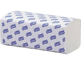 Tork Singlefold Advanced H3 papirhåndklæder i hvid 2-lags pakke med gentagne blå Tork logoer.