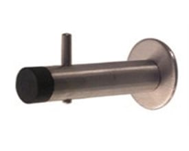 d line vægdørstopper i slebet rustfrit stål, 14 x 70 mm, med sort gummiprop og klædekrog set fra siden.