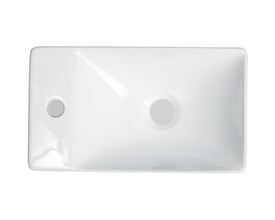 Top view af en hvid, firkantet håndvask i keramik med mål på 38x22x10 cm og hanehul til venstre.