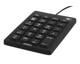 Deltaco sort silikone numpad med 23 taster, IP68-klassificeret, med USB-tilslutning og nordisk layout vist på hvid baggrund.