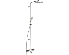 Komplet Oras Optima Style Rain kar/brusearmatur i skinnende krom med fokus på den elegante termostat og magnetiske hylde.
