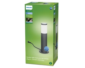 Philips GardenLink Utrecht pullert i antracit, 12V, 6W LED, 4000K. Emballagen viser lampen og dens funktioner.