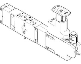 Festo reguleringsplade VABF-S3-2-R6C2-C-6 i perspektivvisning, viser dens kompakte design og pneumatiske tilslutninger.