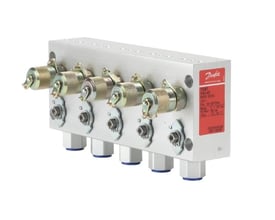 Danfoss MBV 5000 testventil med fem tilslutninger og detaljeret mærkning, vist med produktlogo.