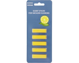 Nordic Quality duftpinde til støvsugning med citrusduft, indeholdende fem gule pinde i klar indpakning på blå baggrund.