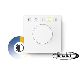 Jumitech DALI-2 potentiometer i hvid med drejeknap og fem betjeningsknapper samt DALI 2 logo.