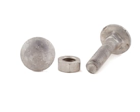Arvid Nilsson bræddebolt M6 x 30 mm, DIN 603/555, varmforzinket, vist med en separat møtrik og bolthoved på hvid baggrund.