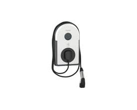 Schneider Electric EVlink Pro AC ladeboks på 22 kW i hvid og mørkegrå med kabel og ladestik set skråt forfra.