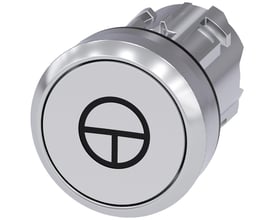 Siemens 22mm rund trykknap i metal med højglans finish, hvid og med sort jogging-symbol. Produktet er vist på hvid baggrund.