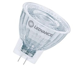 Ledvance LED MR11 dæmpbar GU4 pære med 36 graders spredningsvinkel, 4,5W, 927 varm hvid, set forfra med logo.
