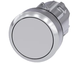 Siemens 22mm trykknap i blank grå metal med et rundt, fladt trykfelt og monteringsklips bagpå.