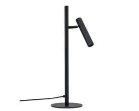 Dyberg Larsen Carlo 1 bordlampe i mat sort metal med en 1,6 meter sort stofledning og integreret LED-lys.