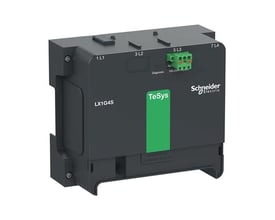 Schneider Electric kontrolmodul LX1G4S til 4-polet TeSys Giga 400-500A kontaktor, 100-250V AC/DC i mørkegrå plast med grøn logo-detalje.