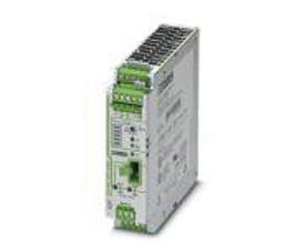 Sidevisning af Phoenix Contact QUINT-UPS/24DC/24DC/10 strømforsyning, der viser monteringsdetaljer og labelinformation.