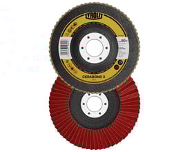 TYROLIT lamelskive Cerabond X, 2-i-1, med 125mm diameter og korn 80+ samt 22,23mm hul, vist med bagside og bagside af røde lameller.