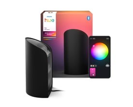 Philips Hue Play wall washer i sort, emballage og smartphone med app-styring viser Color & White ambiance.