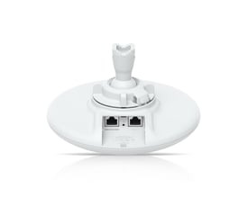 Ubiquiti UniFi Device Bridge Pro er en hvid, rund 5 GHz trådløs netværksbro med beslag og Ethernet-porte.