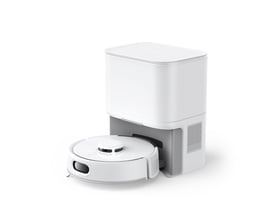 SwitchBot K10+ Pro robotstøvsuger forbinder til sin hvide støvopsamlingsbase, der er placeret på en neutral baggrund.