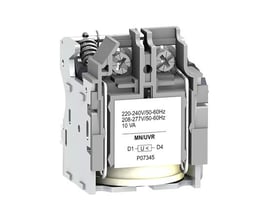 Schneider Electric spole MN 24VAC til NSX100-630, set fra siden med etiket der viser 220-240V/50-60Hz og 10 VA.