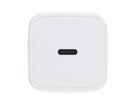 Toppen af Vivanco 20W USB-C opladeren vist forfra, med synlig USB-C port i hvidt, glat plast.