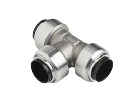 Roth T-stykke indstikfitting i rustfrit stål til 18mm rør med sorte pakninger, vist på hvid baggrund.