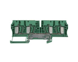 Weidmüller jordklemme i grøn med to fjederterminaler på hver side, lavet af hærdet stål og fortinnet kobber.