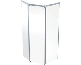 Nærbillede af hjørnet på et Contura Shower Showerama frontelement, der viser samlingen af klare glaspaneler og sølvfarvet aluminiumsprofil.