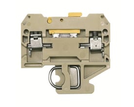 Weidmüller sakr PA skilleklemme til 4 mm² ledere og 10 A strøm, med skruetilslutning i beige plast med TS 32 DIN-skinne montering.