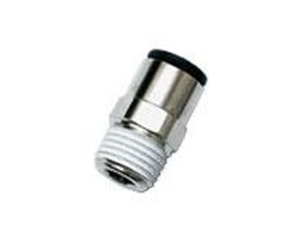Parker enkelt union til 10mm rør med NPT1/2 gevind, fremstillet af blankt forniklet messing med hvidt gevind.